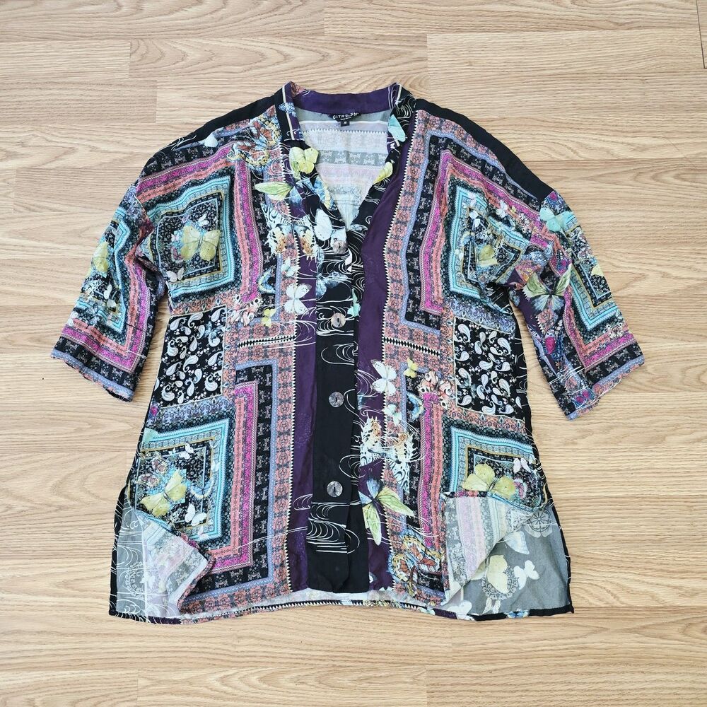 CITRON SANTA MONICA Silk Top Butterfly Whimsical Oversized Button Asian Style Sm